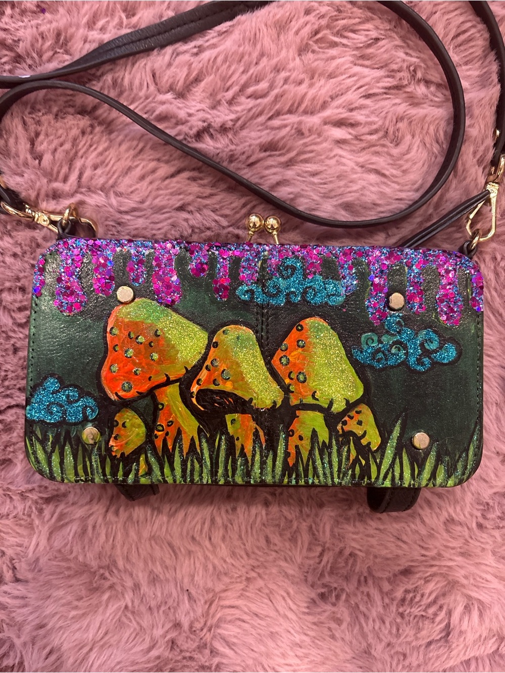 Hand-Painted Glitter Mushroom Crossbody Bag – Purple,Yellow,Orange & Blue
